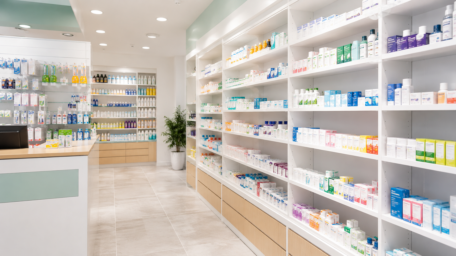 Shelves stocked with products at Juba Pharmacy